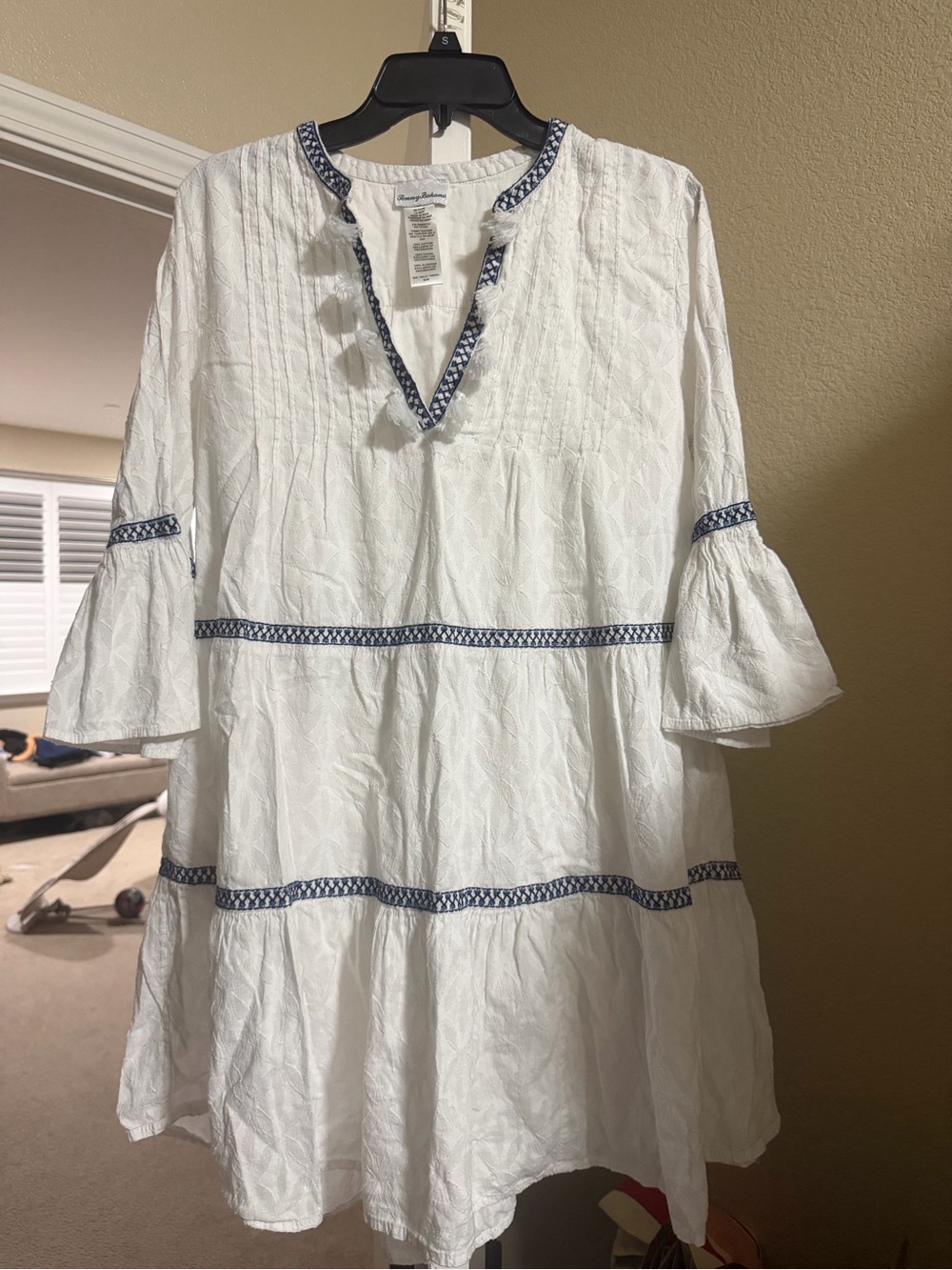 Tommy Bahama Embroidered Tiered Bell Sleeve Dress White Blue Size M